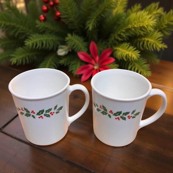 2 Vintage Corning Holly Berry Milk Glass Mugs — Christmas Holly Pattern - Picture 6 of 7